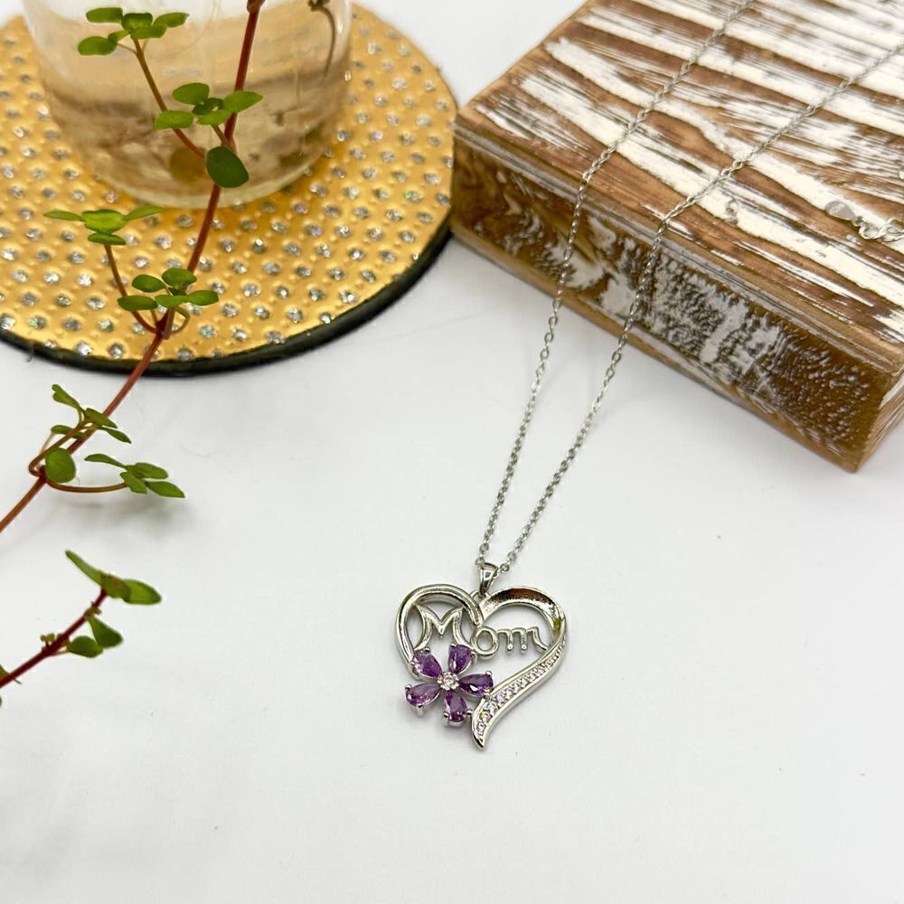 Mom Sterling Silver CZ Heart Necklace